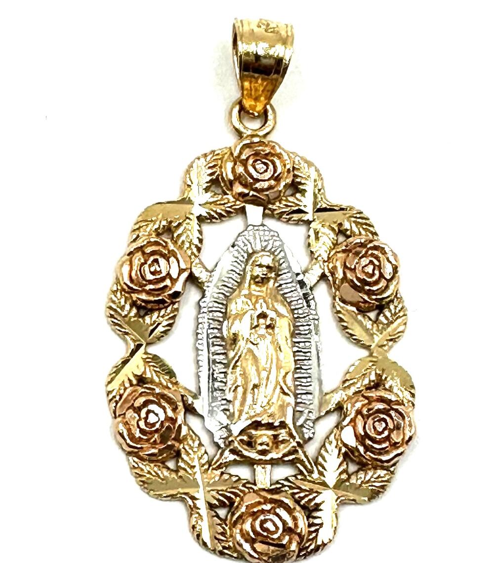 14k Tri Color Virgen Mary Pendant with Roses